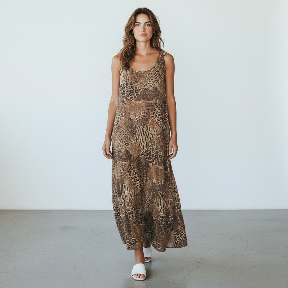 Vtg Dotti Made in USA Leopard Sleeveless Semi-Sheer Maxi Dress Cover Up Size M